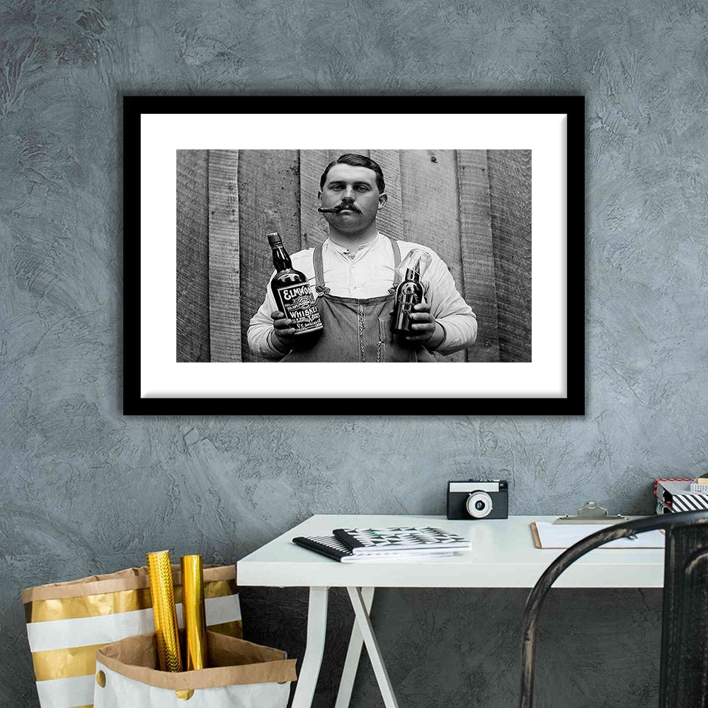 Prohibition Whiskey, Black and White, Speakeasy Decor, Cocktail, Man Cave Decor, Framed Art Print White Border Wall Decor