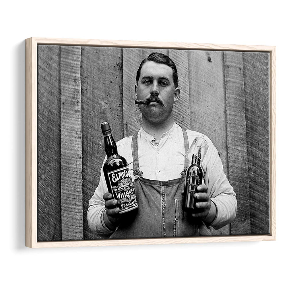 Prohibition Whiskey, Black and White, Speakeasy Decor, Cocktail, Man Cave Decor, Floating Framed Canvas Print