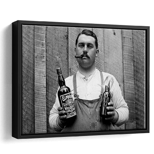 Prohibition Whiskey, Black and White, Speakeasy Decor, Cocktail, Man Cave Decor, Floating Framed Canvas Print