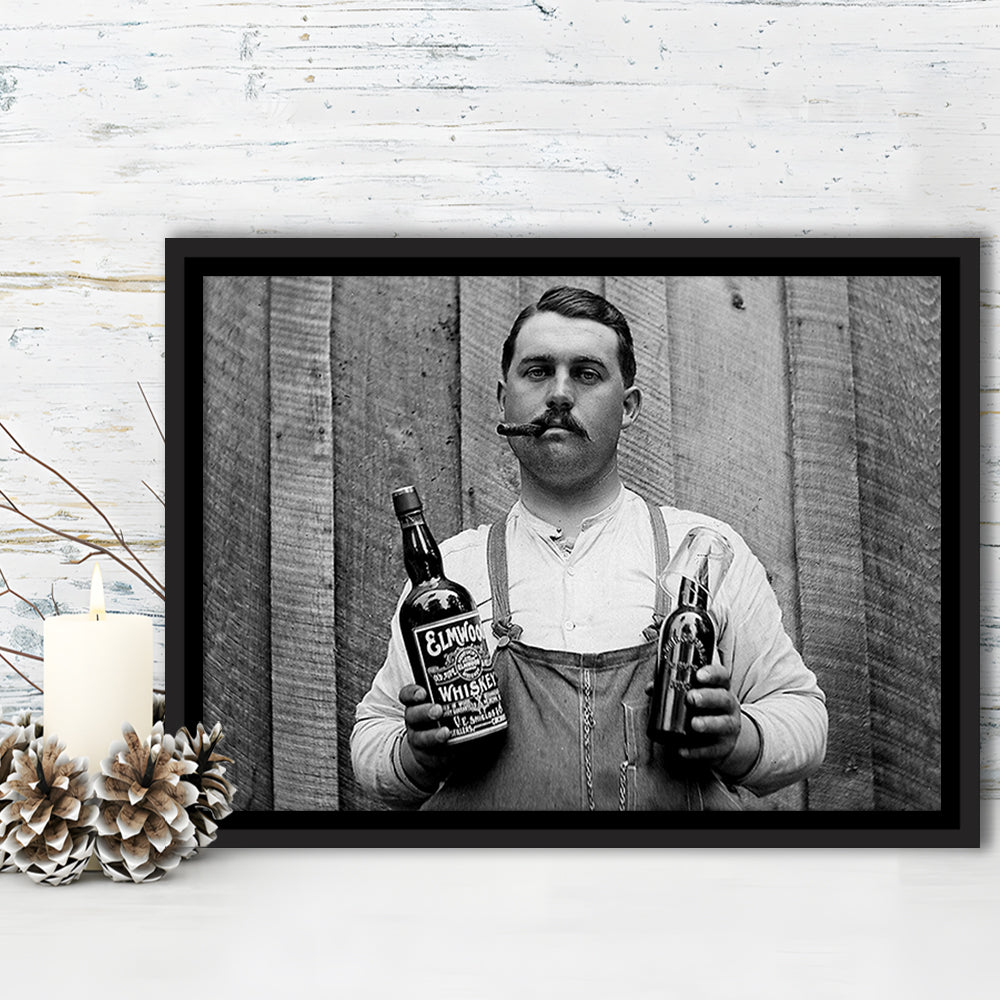 Prohibition Whiskey, Black and White, Speakeasy Decor, Cocktail, Man Cave Decor, Floating Framed Canvas Print