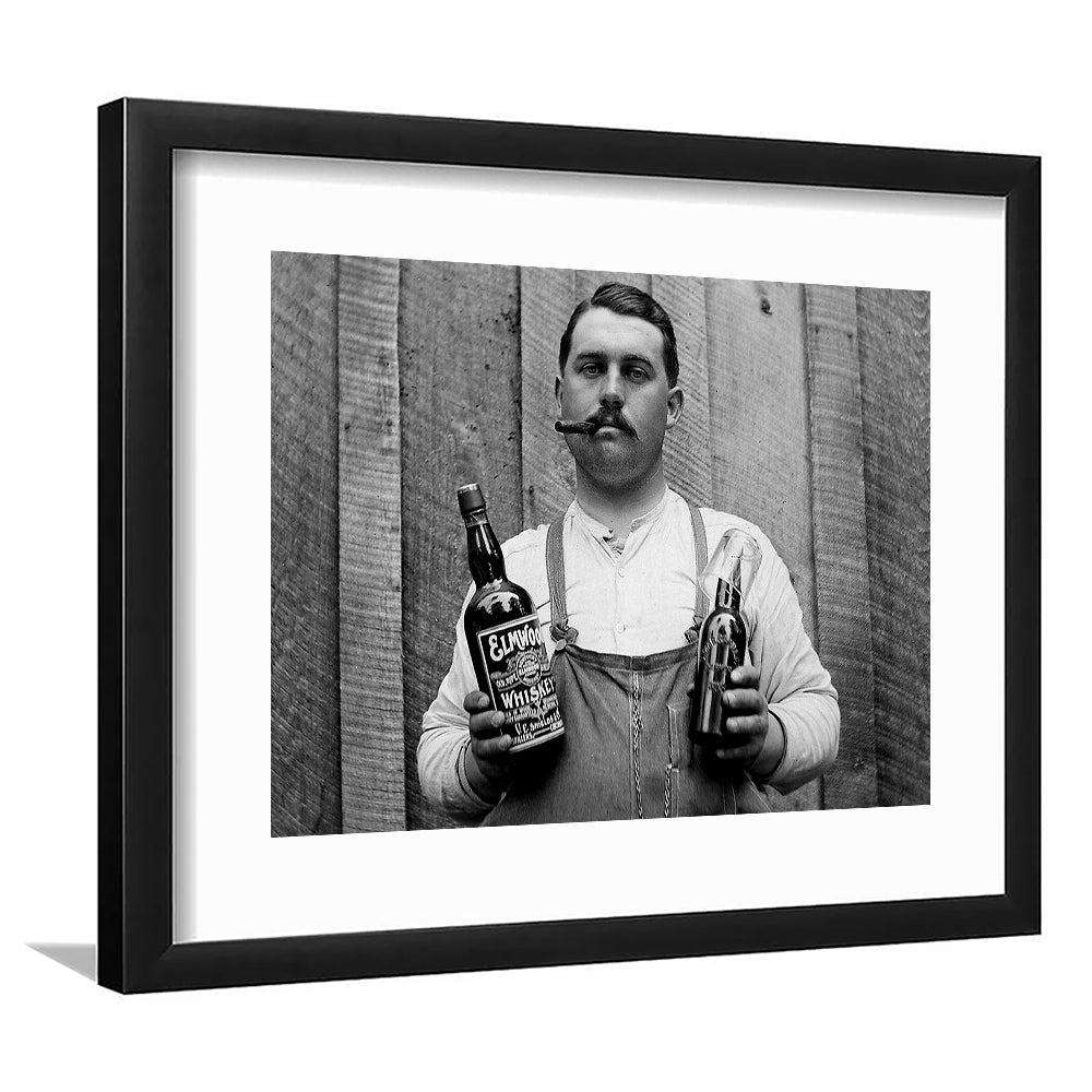 Prohibition Whiskey, Black and White, Speakeasy Decor, Cocktail, Man Cave Decor, Framed Art Print White Border Wall Decor