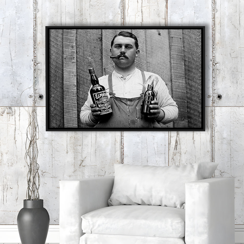 Prohibition Whiskey, Black and White, Speakeasy Decor, Cocktail, Man Cave Decor, Floating Framed Canvas Print