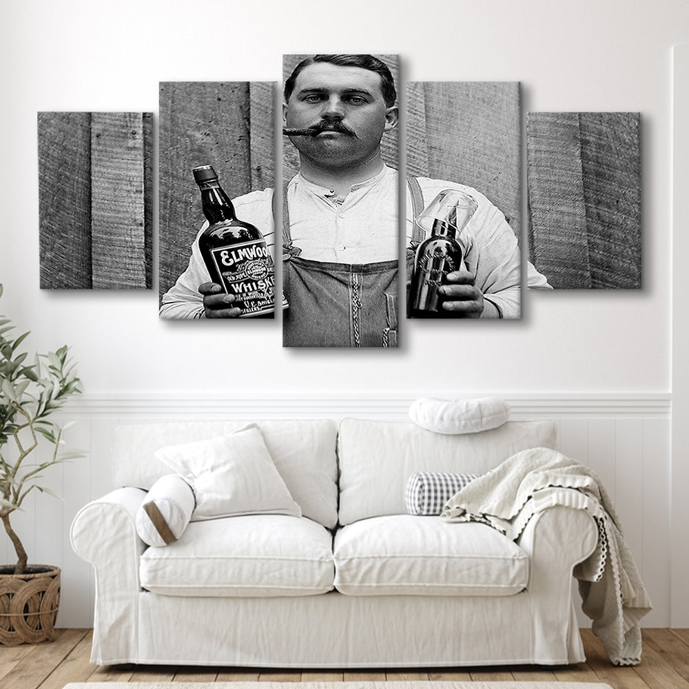 Prohibition Whiskey, Black and White, Speakeasy Decor, Cocktail, Man Cave Decor, Mixed 5 Pieces Canvas Print