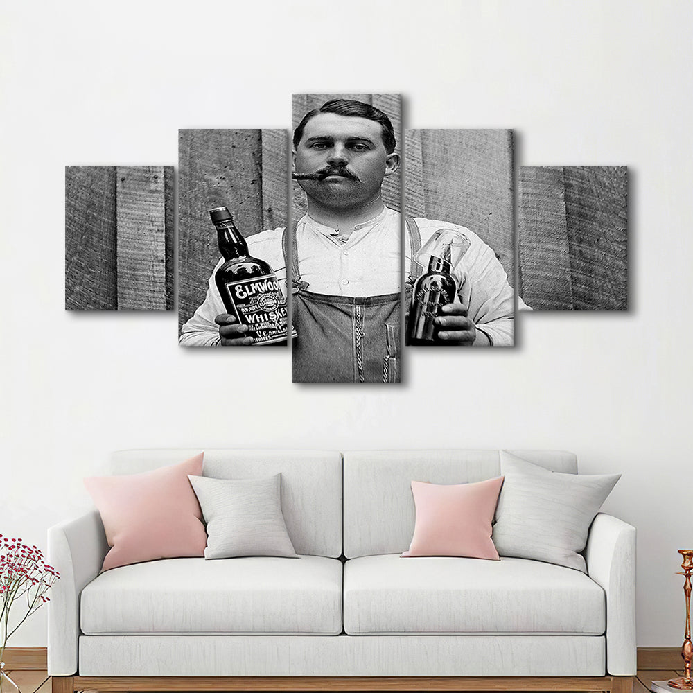 Prohibition Whiskey, Black and White, Speakeasy Decor, Cocktail, Man Cave Decor, Mixed 5 Pieces Canvas Print