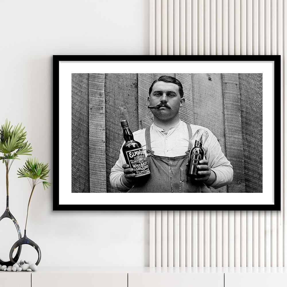 Prohibition Whiskey, Black and White, Speakeasy Decor, Cocktail, Man Cave Decor, Framed Art Print White Border Wall Decor