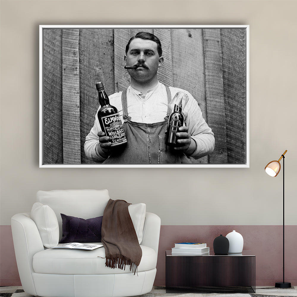 Prohibition Whiskey, Black and White, Speakeasy Decor, Cocktail, Man Cave Decor, Floating Framed Canvas Print