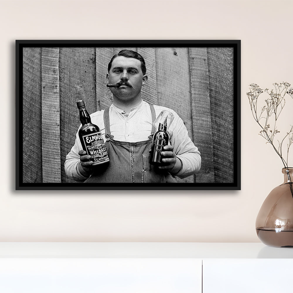 Prohibition Whiskey, Black and White, Speakeasy Decor, Cocktail, Man Cave Decor, Floating Framed Canvas Print