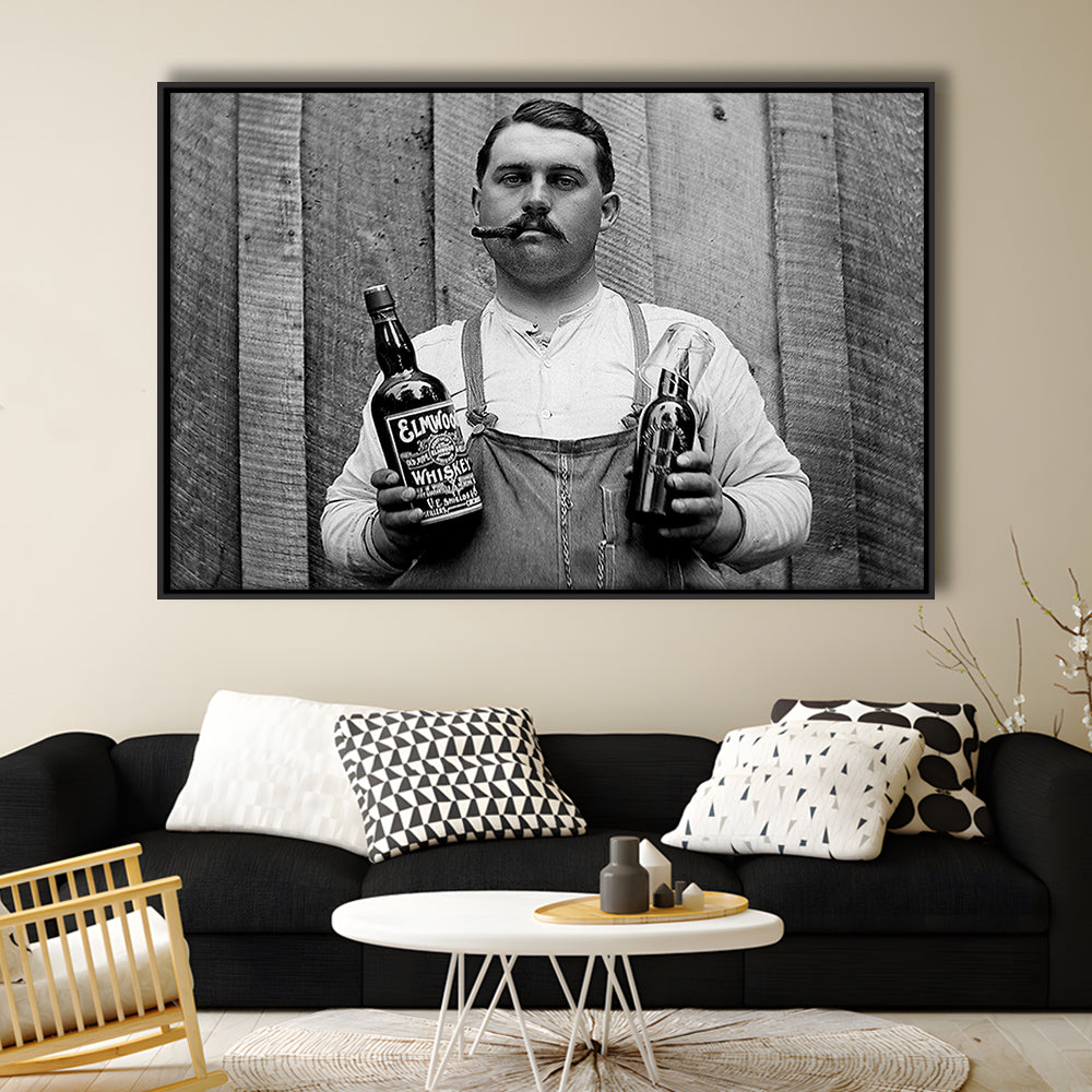 Prohibition Whiskey, Black and White, Speakeasy Decor, Cocktail, Man Cave Decor, Floating Framed Canvas Print