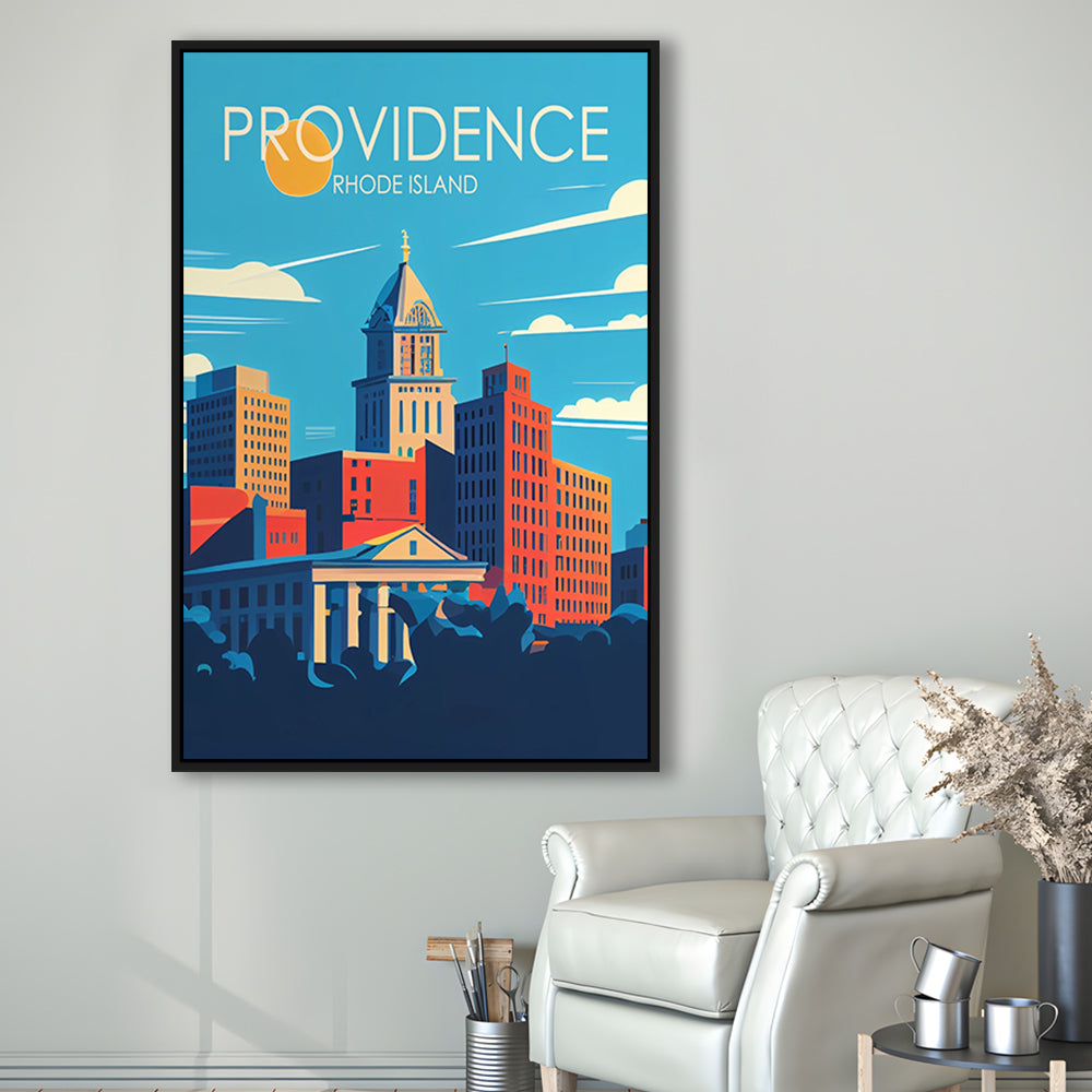Providence Rhode Island Retro Art Print, Providence City Wall Art, Floating Framed Canvas Print, Framed Picture, Painting Canvas