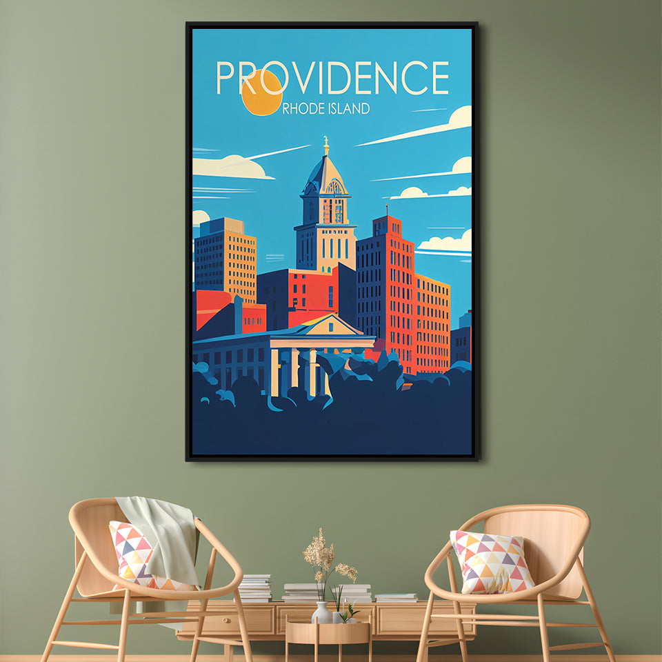 Providence Rhode Island Retro Art Print, Providence City Wall Art, Floating Framed Canvas Print, Framed Picture, Painting Canvas