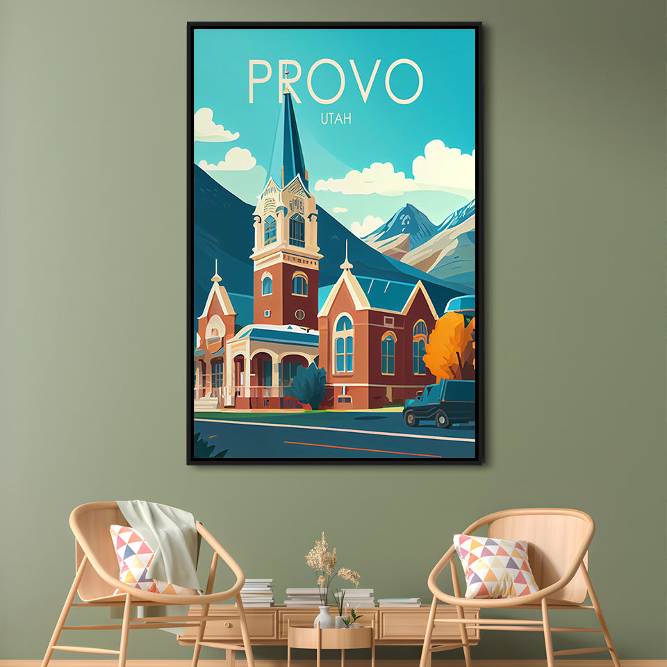 Provo Utah Retro Art Print, Provo City Wall Art, Floating Framed Canvas Print, Framed Picture, Painting Canvas