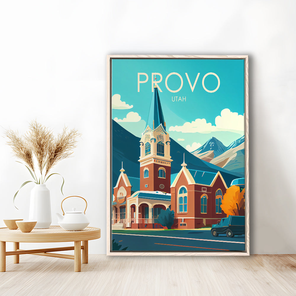Provo Utah Retro Art Print, Provo City Wall Art, Floating Framed Canvas Print, Framed Picture, Painting Canvas