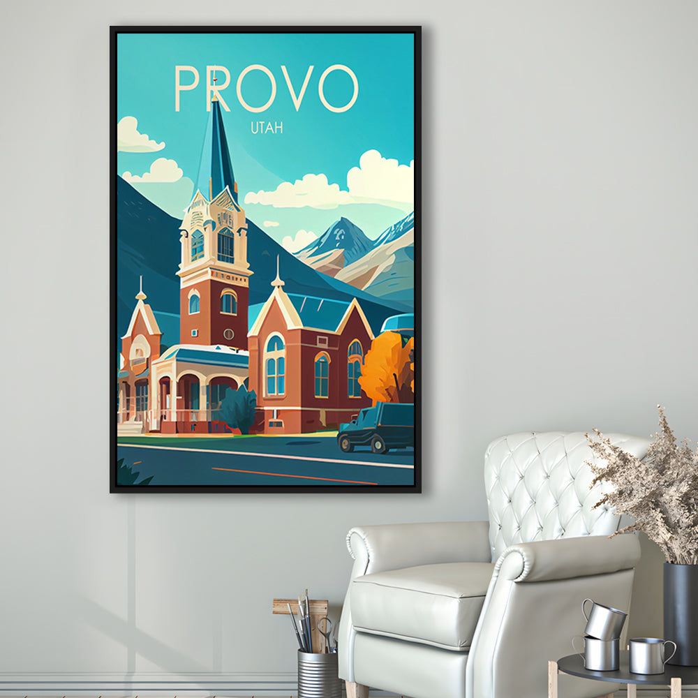 Provo Utah Retro Art Print, Provo City Wall Art, Floating Framed Canvas Print, Framed Picture, Painting Canvas