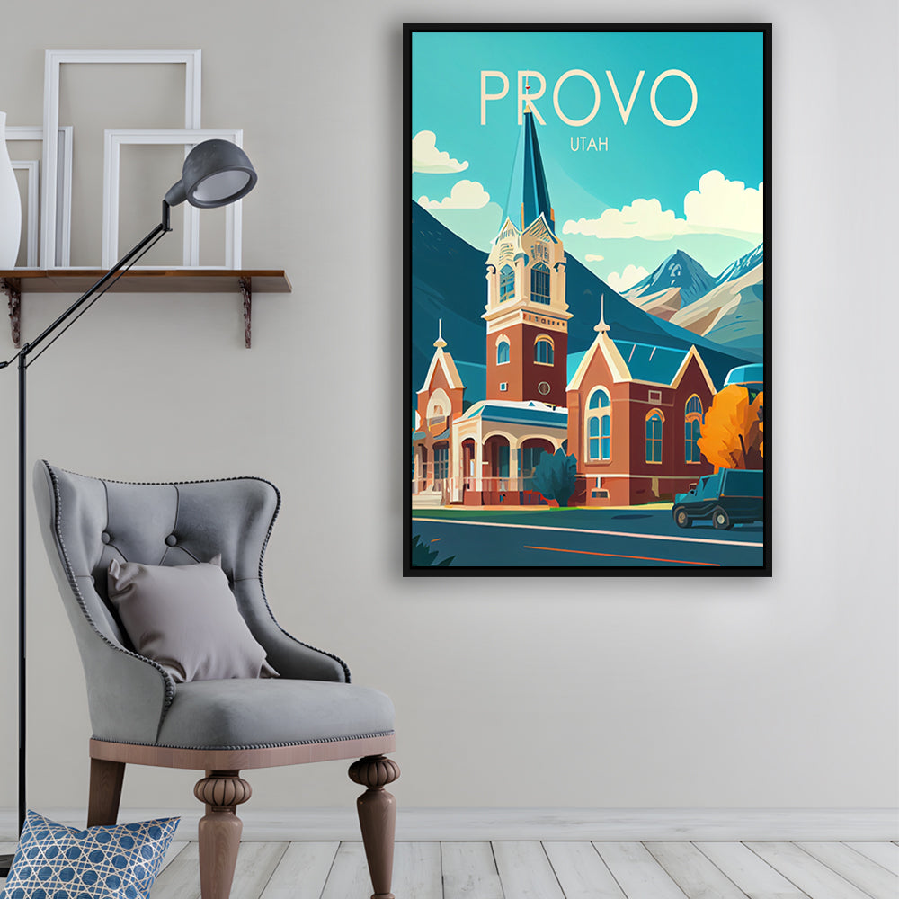 Provo Utah Retro Art Print, Provo City Wall Art, Floating Framed Canvas Print, Framed Picture, Painting Canvas