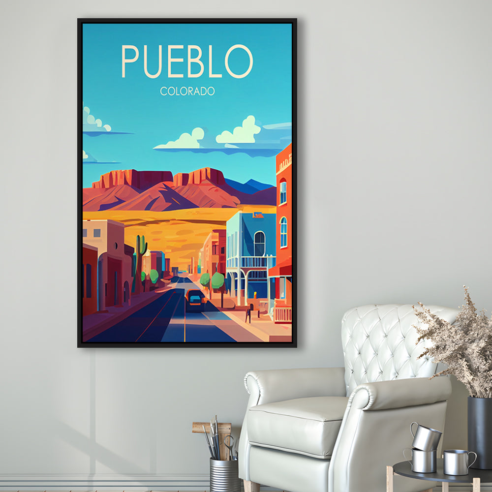 Pueblo Colorado Retro Art Print, Pueblo City Wall Art, Floating Framed Canvas Print, Framed Picture, Painting Canvas