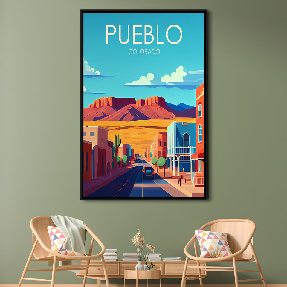 Pueblo Colorado Retro Art Print, Pueblo City Wall Art, Floating Framed Canvas Print, Framed Picture, Painting Canvas