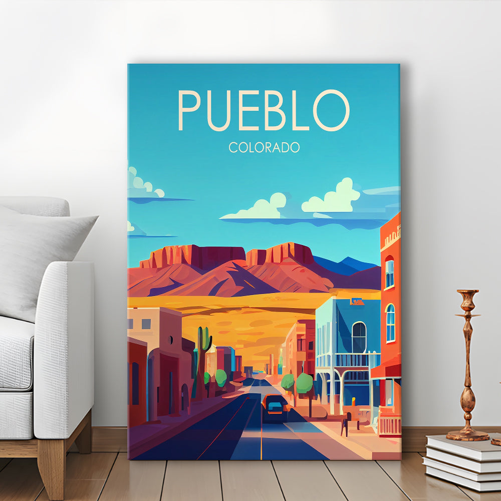 Pueblo Colorado Retro Art Print, Pueblo City Wall Art, Canvas Print, Painting Canvas, Living Room Decor