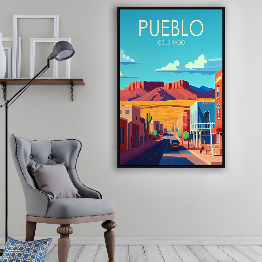 Pueblo Colorado Retro Art Print, Pueblo City Wall Art, Floating Framed Canvas Print, Framed Picture, Painting Canvas