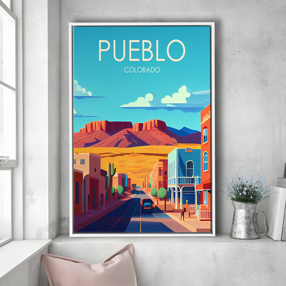 Pueblo Colorado Retro Art Print, Pueblo City Wall Art, Floating Framed Canvas Print, Framed Picture, Painting Canvas