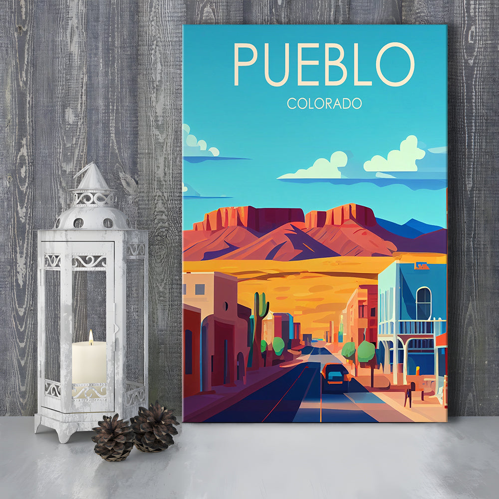 Pueblo Colorado Retro Art Print, Pueblo City Wall Art, Canvas Print, Painting Canvas, Living Room Decor