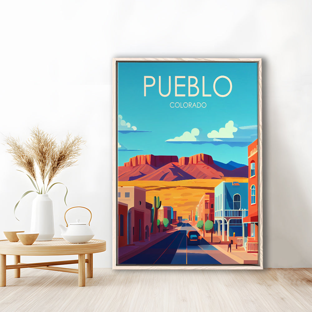 Pueblo Colorado Retro Art Print, Pueblo City Wall Art, Floating Framed Canvas Print, Framed Picture, Painting Canvas