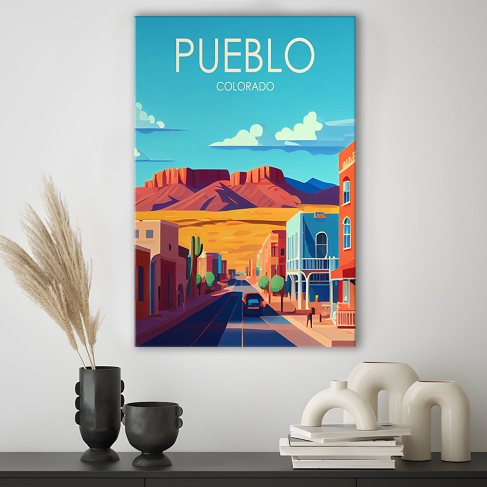Pueblo Colorado Retro Art Print, Pueblo City Wall Art, Canvas Print, Painting Canvas, Living Room Decor