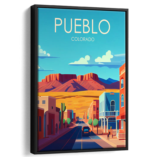 Pueblo Colorado Retro Art Print, Pueblo City Wall Art, Floating Framed Canvas Print, Framed Picture, Painting Canvas