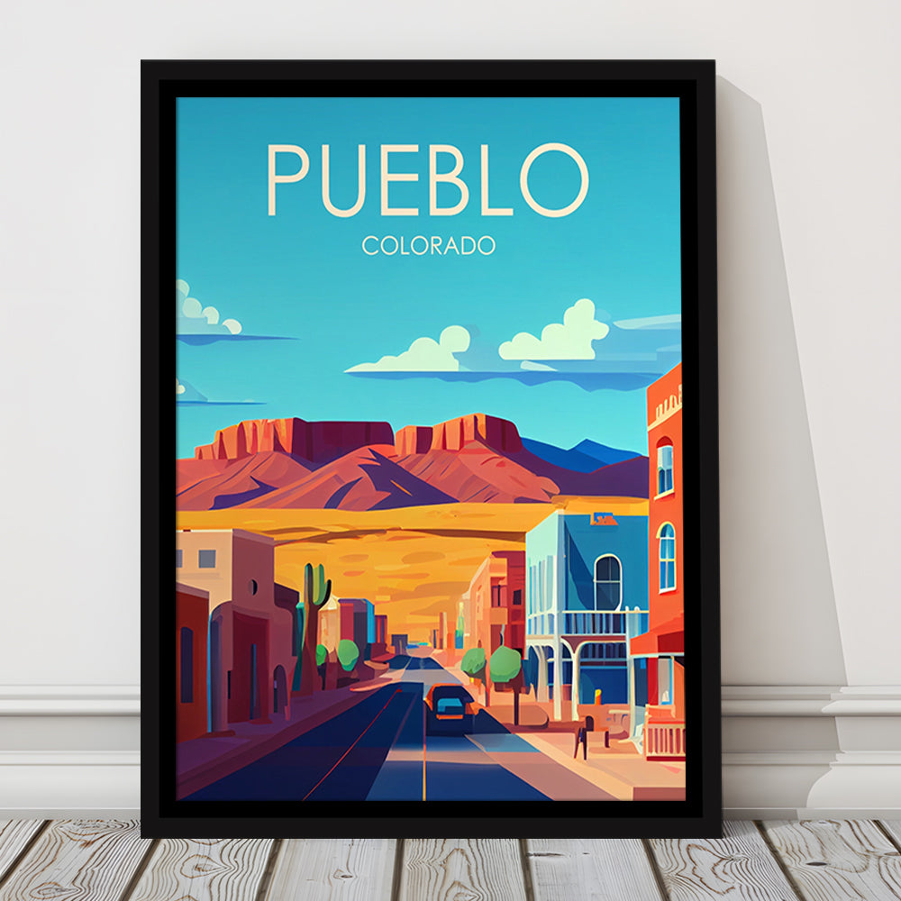 Pueblo Colorado Retro Art Print, Pueblo City Wall Art, Floating Framed Canvas Print, Framed Picture, Painting Canvas