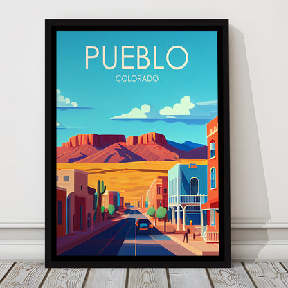 Pueblo Colorado Retro Art Print, Pueblo City Wall Art, Floating Framed Canvas Print, Framed Picture, Painting Canvas