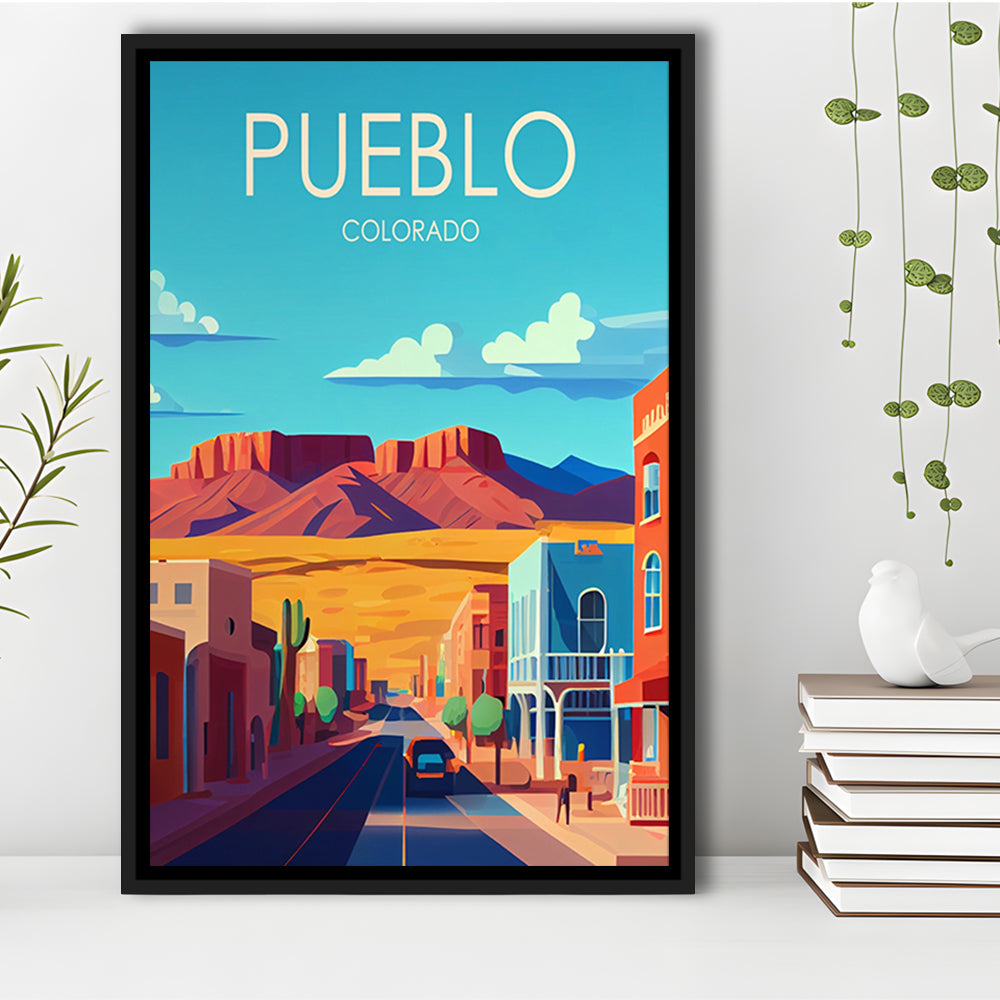 Pueblo Colorado Retro Art Print, Pueblo City Wall Art, Floating Framed Canvas Print, Framed Picture, Painting Canvas