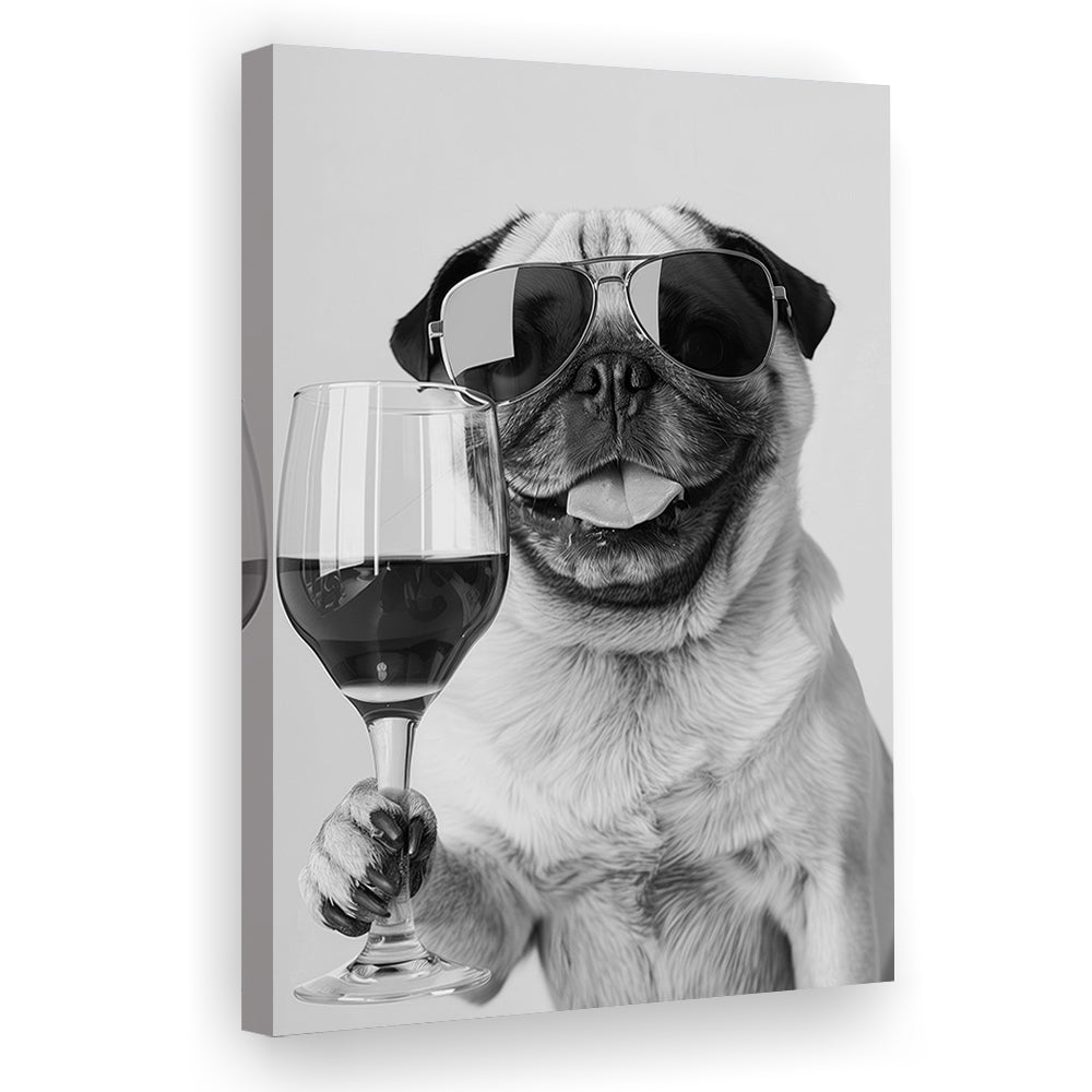 Pug Holding Wine Canvas Print Wall Art, Black and White, Pug Gift,, Bar Cart Print, Kitchen Wall Decor