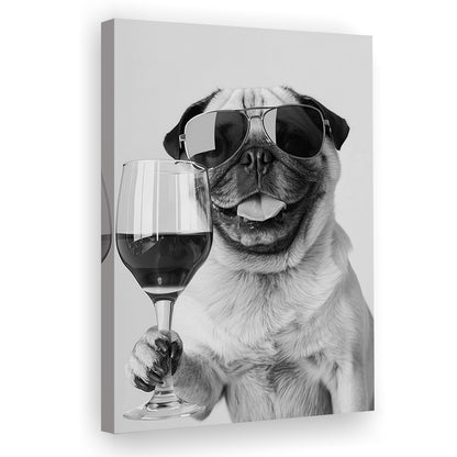 Pug Holding Wine Canvas Print Wall Art, Black and White, Pug Gift,, Bar Cart Print, Kitchen Wall Decor