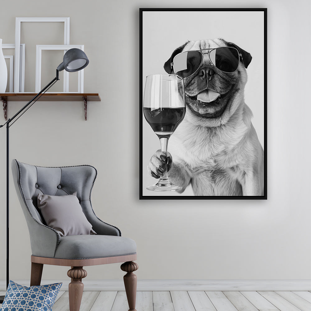Pug Holding Wine Framed Canvas Print Wall Art, Black and White, Pug Gift, Bar Cart Print, Kitchen Wall Decor