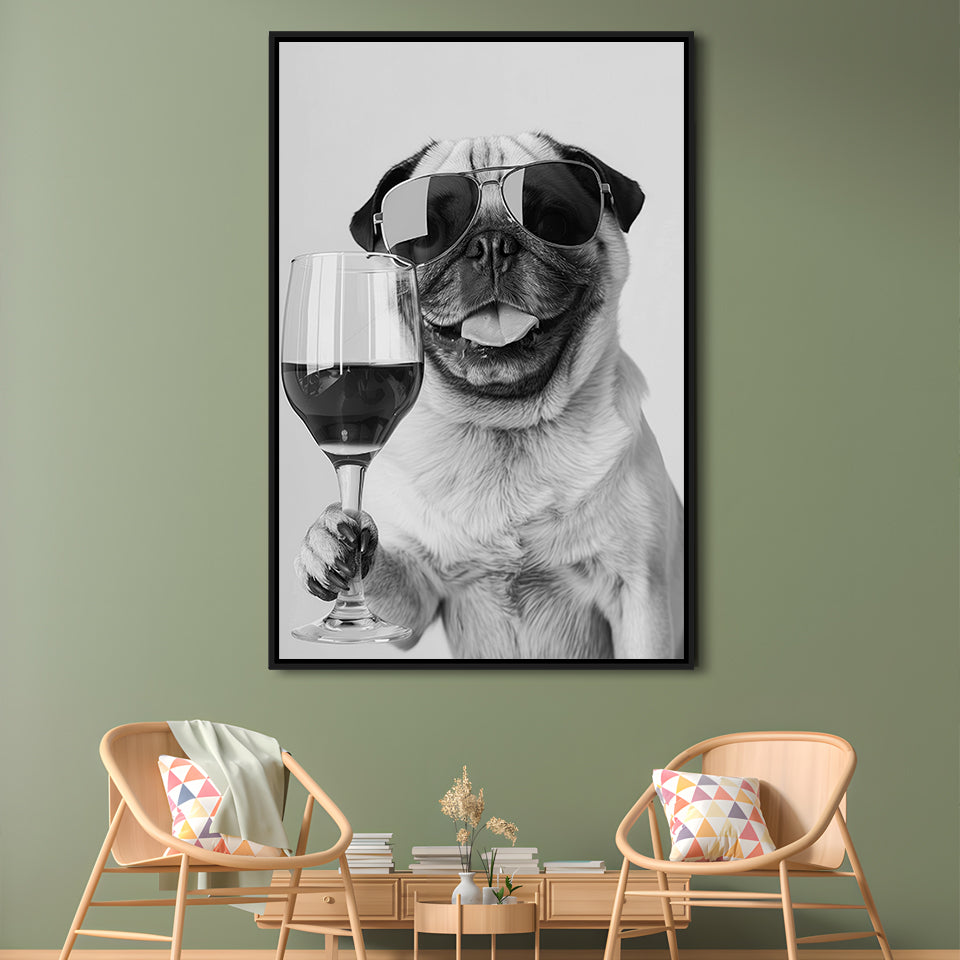 Pug Holding Wine Framed Canvas Print Wall Art, Black and White, Pug Gift, Bar Cart Print, Kitchen Wall Decor