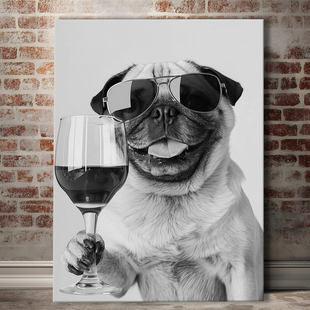 Pug Holding Wine Canvas Print Wall Art, Black and White, Pug Gift,, Bar Cart Print, Kitchen Wall Decor