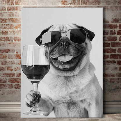 Pug Holding Wine Canvas Print Wall Art, Black and White, Pug Gift,, Bar Cart Print, Kitchen Wall Decor