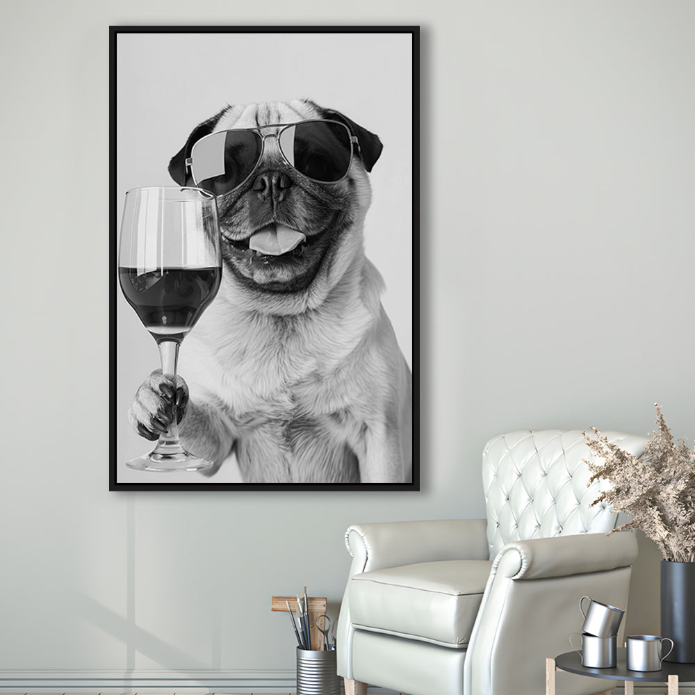 Pug Holding Wine Framed Canvas Print Wall Art, Black and White, Pug Gift, Bar Cart Print, Kitchen Wall Decor