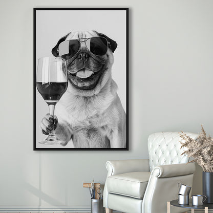 Pug Holding Wine Framed Canvas Print Wall Art, Black and White, Pug Gift, Bar Cart Print, Kitchen Wall Decor
