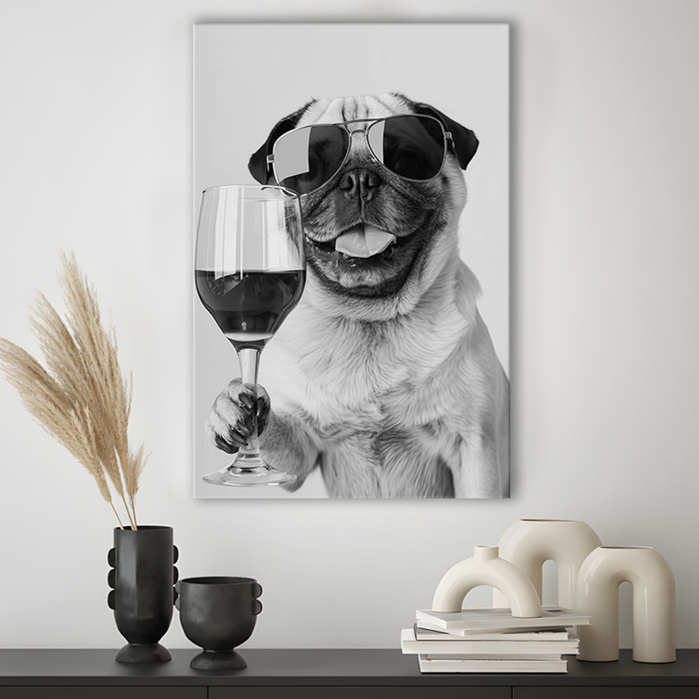 Pug Holding Wine Canvas Print Wall Art, Black and White, Pug Gift,, Bar Cart Print, Kitchen Wall Decor