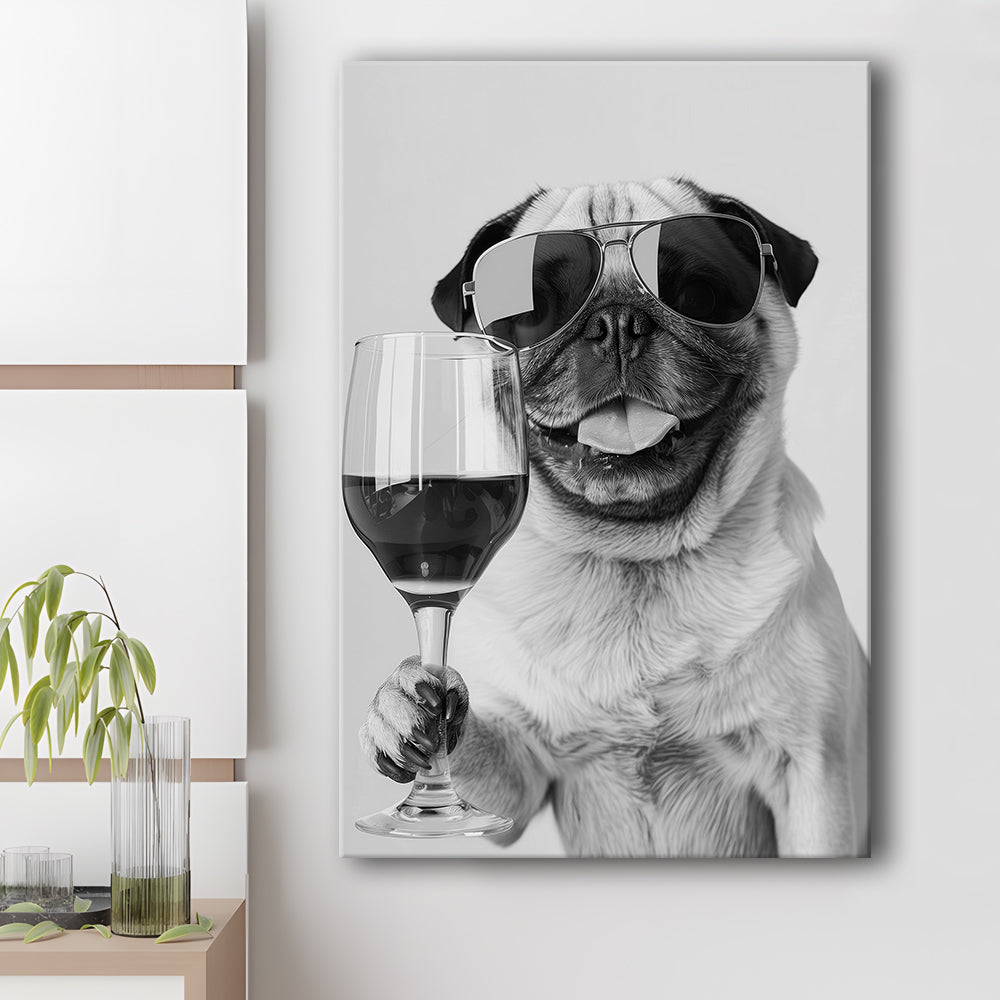 Pug Holding Wine Canvas Print Wall Art, Black and White, Pug Gift,, Bar Cart Print, Kitchen Wall Decor