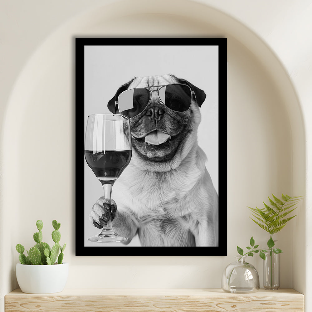 Pug Holding Wine Framed Art Print Wall Decor, Black and White, Pug Gift, Bar Cart Print, Kitchen Wall Decor