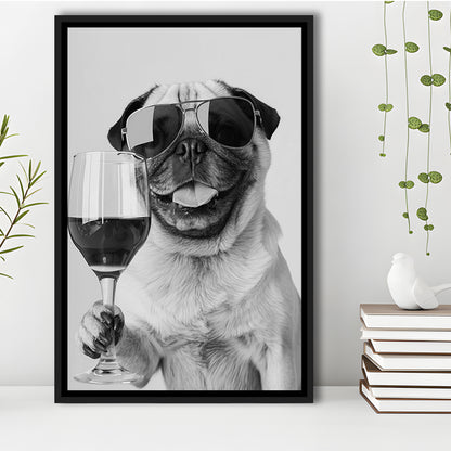 Pug Holding Wine Framed Canvas Print Wall Art, Black and White, Pug Gift, Bar Cart Print, Kitchen Wall Decor