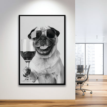 Pug Holding Wine Framed Art Print Wall Decor, Black and White, Pug Gift, Bar Cart Print, Kitchen Wall Decor