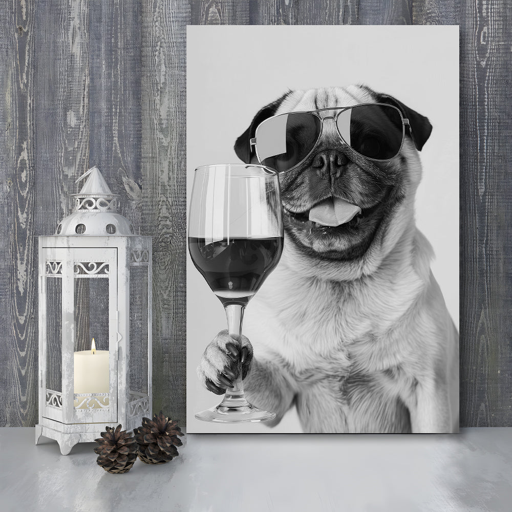 Pug Holding Wine Canvas Print Wall Art, Black and White, Pug Gift,, Bar Cart Print, Kitchen Wall Decor