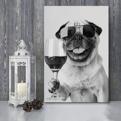 Pug Holding Wine Canvas Print Wall Art, Black and White, Pug Gift,, Bar Cart Print, Kitchen Wall Decor