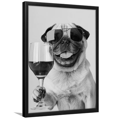 Pug Holding Wine Framed Art Print Wall Decor, Black and White, Pug Gift, Bar Cart Print, Kitchen Wall Decor