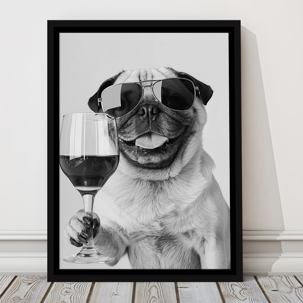 Pug Holding Wine Framed Canvas Print Wall Art, Black and White, Pug Gift, Bar Cart Print, Kitchen Wall Decor