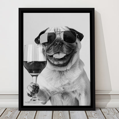 Pug Holding Wine Framed Canvas Print Wall Art, Black and White, Pug Gift, Bar Cart Print, Kitchen Wall Decor