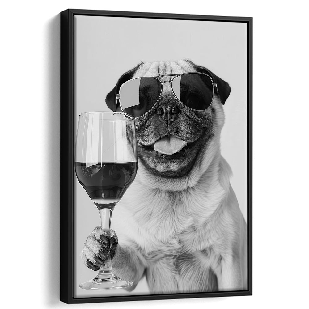 Pug Holding Wine Framed Canvas Print Wall Art, Black and White, Pug Gift, Bar Cart Print, Kitchen Wall Decor