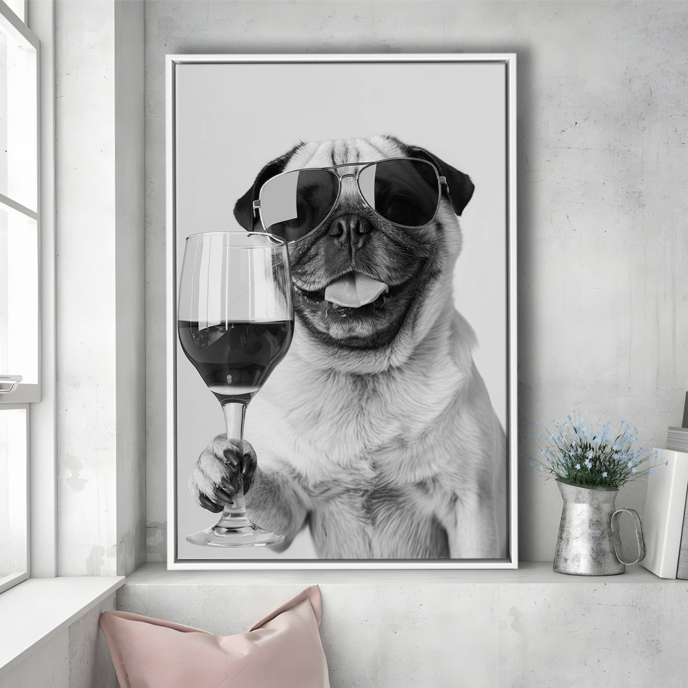 Pug Holding Wine Framed Canvas Print Wall Art, Black and White, Pug Gift, Bar Cart Print, Kitchen Wall Decor